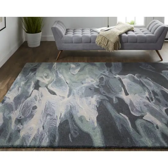 Green Blue And Black Wool Abstract Tufted Handmade Stain Resistant Area Rug Photo 8