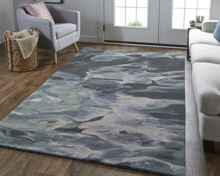 Green Blue And Black Wool Abstract Tufted Handmade Stain Resistant Area Rug Photo 2