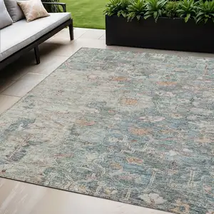 Photo of Green Blue And Gray Oriental Washable Indoor Outdoor Area Rug