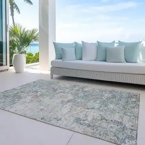 Photo of Green Blue And Gray Oriental Washable Indoor Outdoor Area Rug