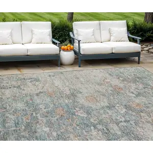 Photo of Green Blue And Gray Oriental Washable Indoor Outdoor Area Rug