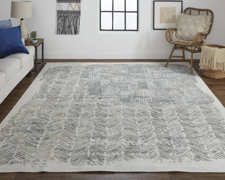 Green Blue And Ivory Abstract Hand Woven Distressed Area Rug Photo 5