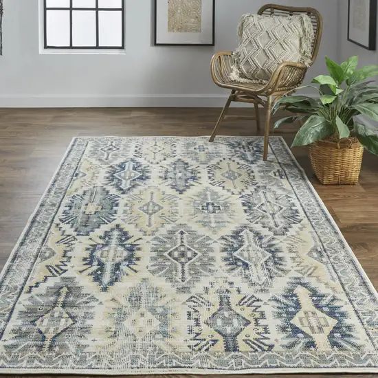 Green Blue And Ivory Abstract Power Loom Distressed Stain Resistant Area Rug Photo 8