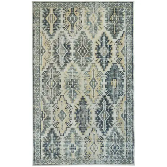 Green Blue And Ivory Abstract Power Loom Distressed Stain Resistant Area Rug Photo 1