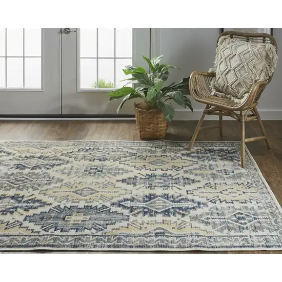 Green Blue And Ivory Abstract Power Loom Distressed Stain Resistant Area Rug Photo 9