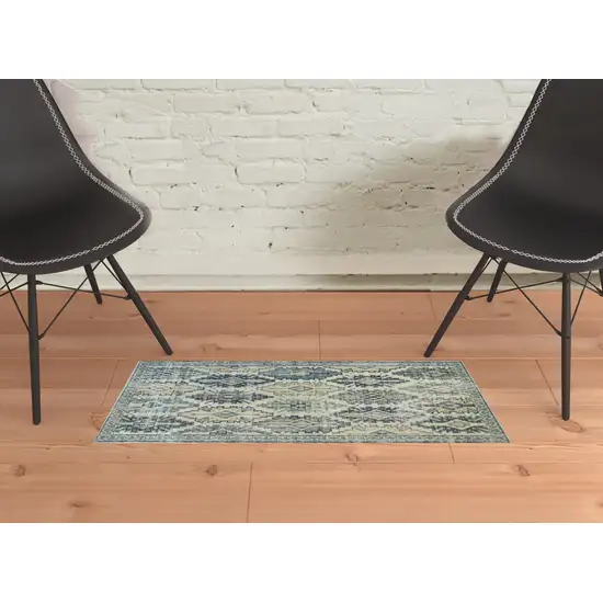 Green Blue And Ivory Abstract Power Loom Distressed Stain Resistant Area Rug Photo 2