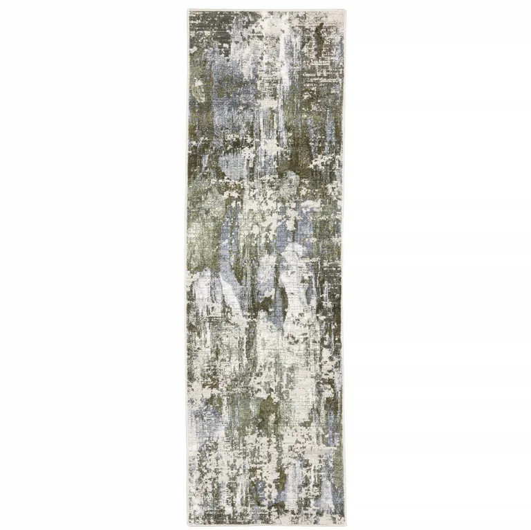 Green Blue Grey Ivory And Brown Abstract Power Loom Stain Resistant Runner Rug Photo 1