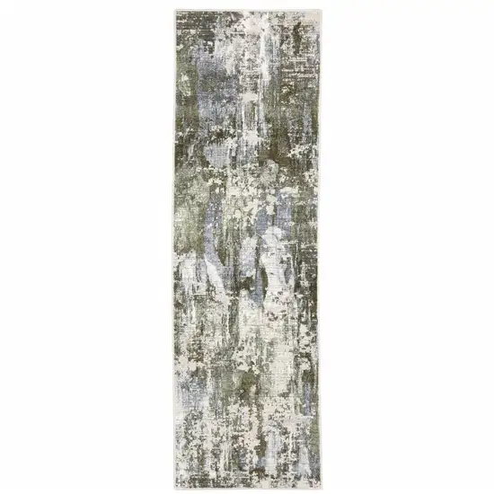 Green Blue Grey Ivory And Brown Abstract Power Loom Stain Resistant Runner Rug Photo 1