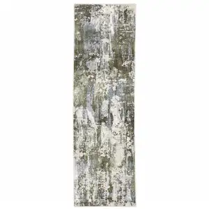 Photo of Green Blue Grey Ivory And Brown Abstract Power Loom Stain Resistant Runner Rug