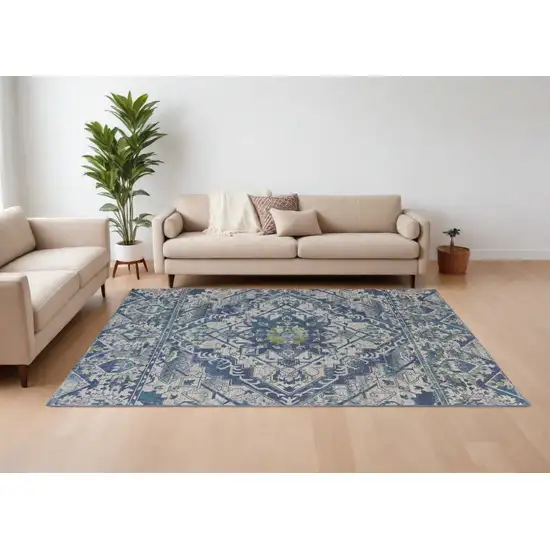 Green Blue and Ivory Oriental Power Loom Area Rug Photo 1