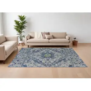 Photo of Green Blue and Ivory Oriental Power Loom Area Rug