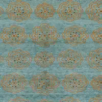 Photo of Green Blue and Taupe Floral Hand Knotted Worn Faded Area Rug