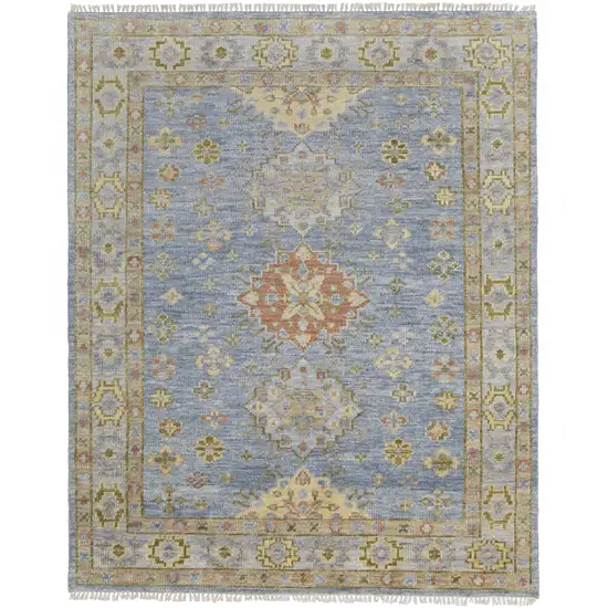 Green Blue and Yellow Wool Geometric Hand Knotted Area Rug With Fringe Photo 1