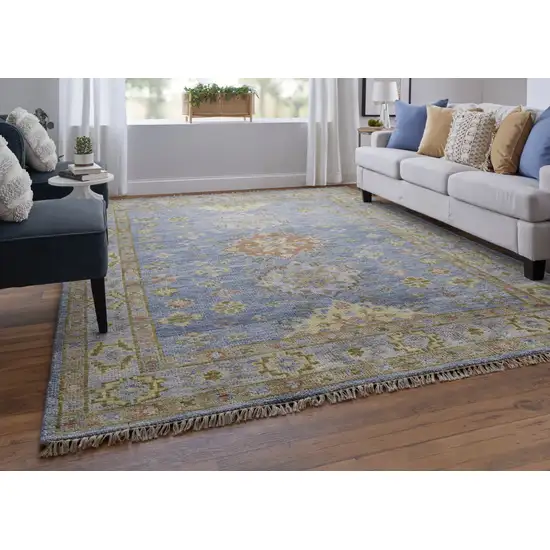 Green Blue and Yellow Wool Geometric Hand Knotted Area Rug With Fringe Photo 9