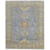 Photo of Green Blue and Yellow Wool Geometric Hand Knotted Area Rug With Fringe