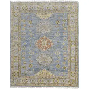 Photo of Green Blue and Yellow Wool Geometric Hand Knotted Area Rug With Fringe