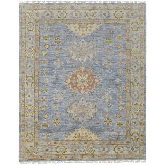 Green Blue and Yellow Wool Geometric Hand Knotted Area Rug With Fringe Photo 5