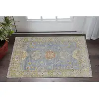 Photo of Green Blue and Yellow Wool Geometric Hand Knotted Area Rug With Fringe