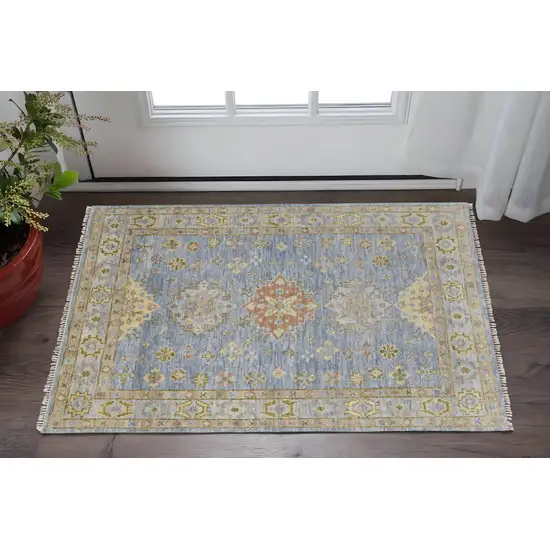 Green Blue and Yellow Wool Geometric Hand Knotted Area Rug With Fringe Photo 1