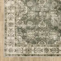 Photo of Green Brown Beige Yellow And Olive Oriental Printed Stain Resistant Non Skid Area Rug