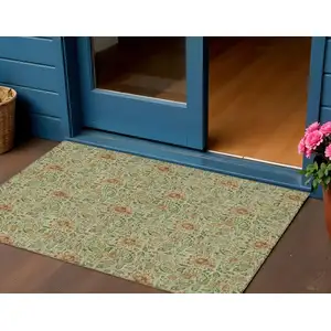 Photo of Green Copper And Sage Floral Washable Indoor Outdoor Area Rug