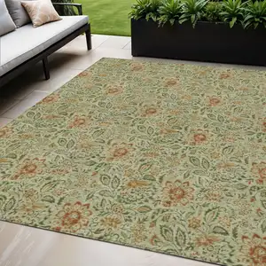 Photo of Green Copper And Sage Floral Washable Indoor Outdoor Area Rug