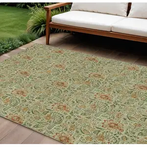 Photo of Green Copper And Sage Floral Washable Indoor Outdoor Area Rug