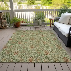 Photo of Green Copper And Sage Floral Washable Indoor Outdoor Area Rug