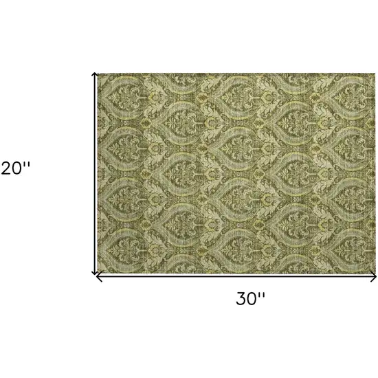 Green Damask Washable Non Skid Indoor Outdoor Area Rug Photo 3