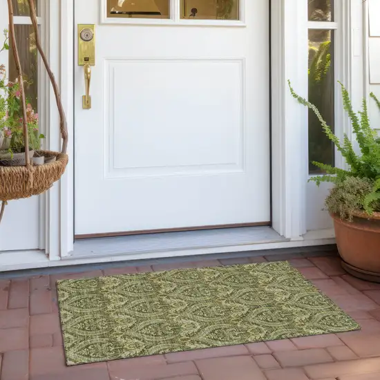 Green Damask Washable Non Skid Indoor Outdoor Area Rug Photo 9