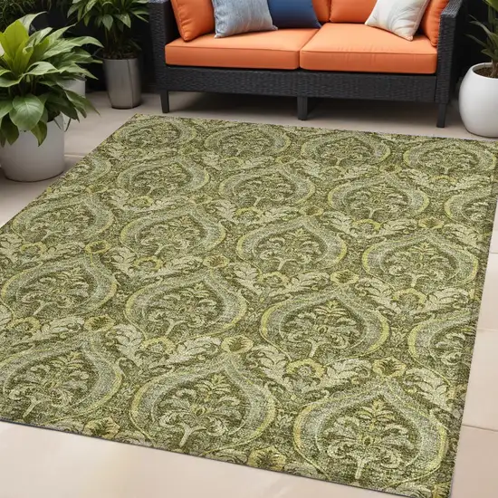 Green Damask Washable Non Skid Indoor Outdoor Area Rug Photo 1