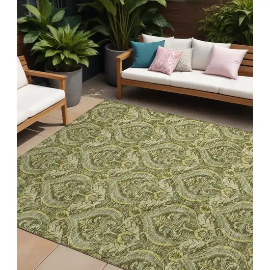 Green Damask Washable Non Skid Indoor Outdoor Area Rug Photo 1