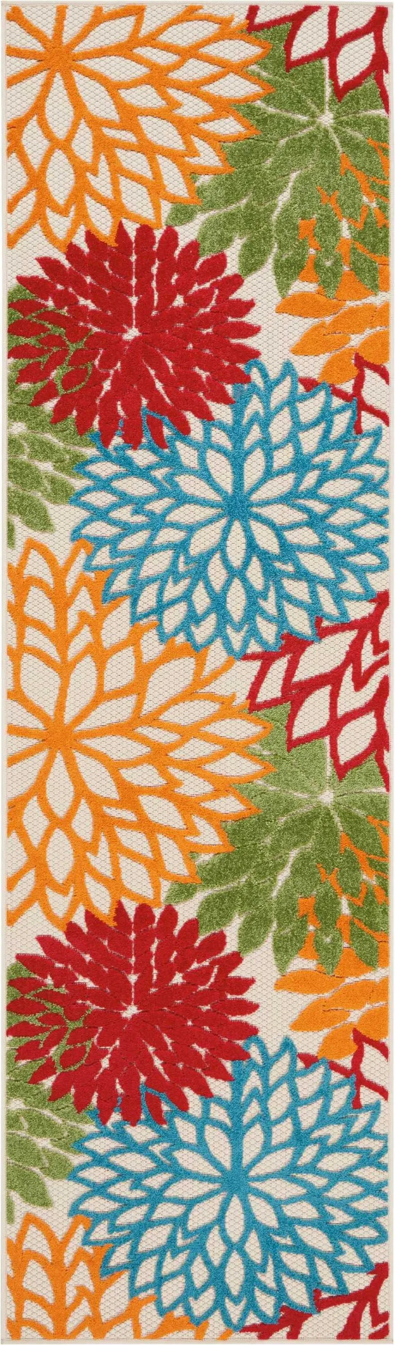 Green Floral Indoor Outdoor Runner Rug Photo 1