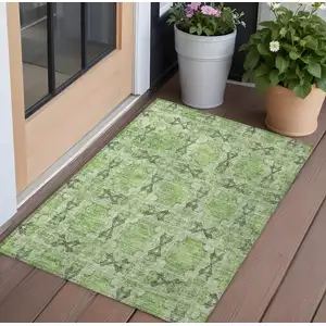 Photo of Green Floral Medallion Washable Non Skid Indoor Outdoor Area Rug