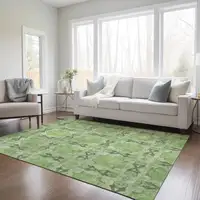 Photo of Green Floral Medallion Washable Non Skid Indoor Outdoor Area Rug