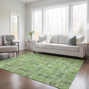 Photo of Green Floral Medallion Washable Non Skid Indoor Outdoor Area Rug