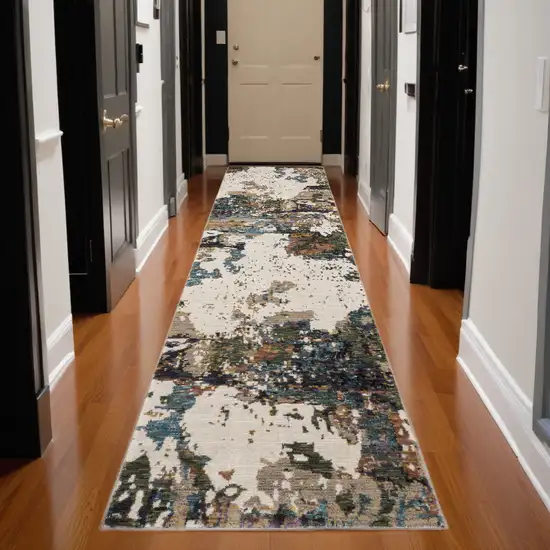 12' Runner Green Gold and Blue Abstract Power Loom Runner Rug Photo 1