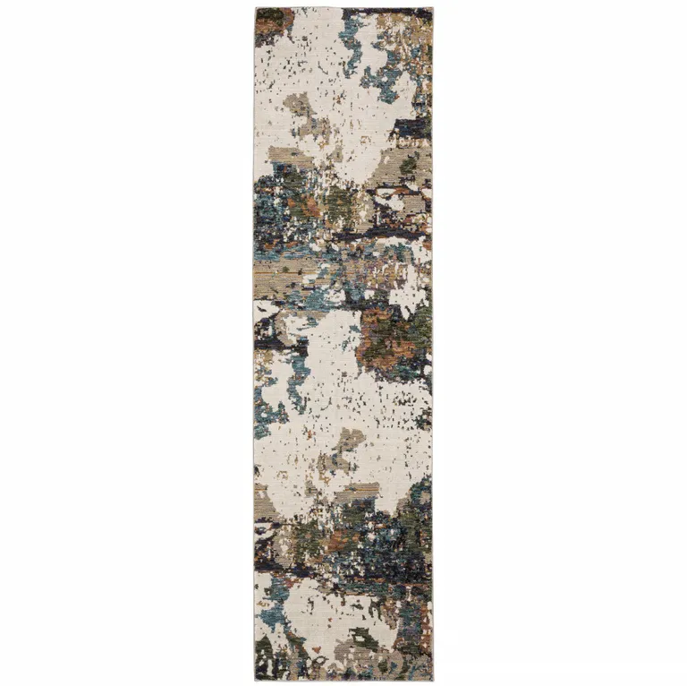 Green Gold And Blue Abstract Power Loom Stain Resistant Runner Rug Photo 1