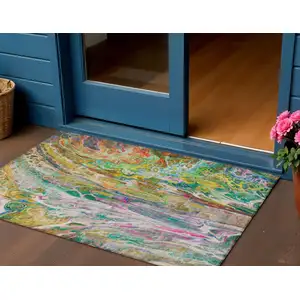 Photo of Green Gold And White Abstract Washable Indoor Outdoor Area Rug