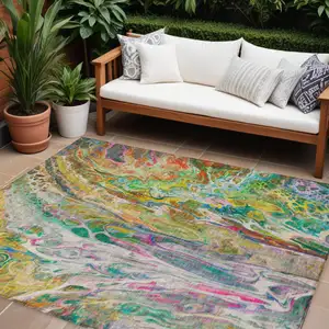 Photo of Green Gold And White Abstract Washable Indoor Outdoor Area Rug