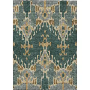 Photo of Green Gray And Gold Ikat Washable Indoor Outdoor Area Rug