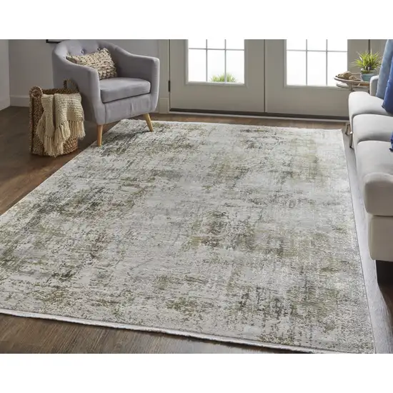 Green Gray And Ivory Abstract Area Rug With Fringe Photo 7