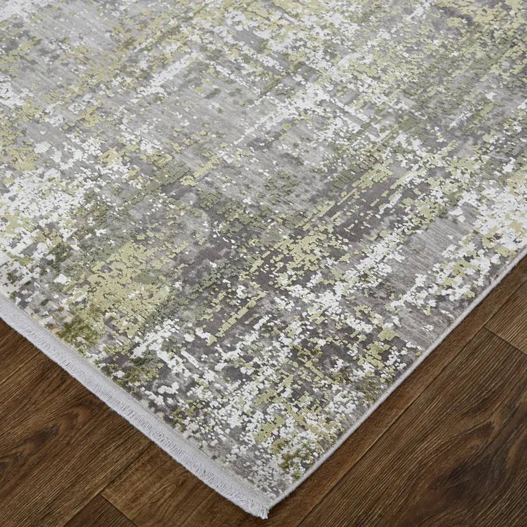 Green Gray And Ivory Abstract Area Rug With Fringe Photo 3