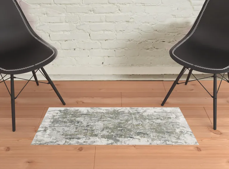 Green Gray And Ivory Abstract Distressed Stain Resistant Area Rug Photo 3