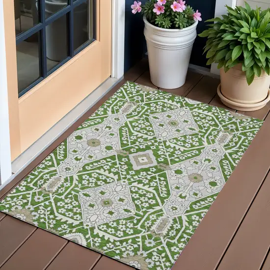 Green Gray And Taupe Floral Washable Indoor Outdoor Area Rug Photo 1