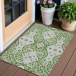 Photo of Green Gray And Taupe Floral Washable Indoor Outdoor Area Rug