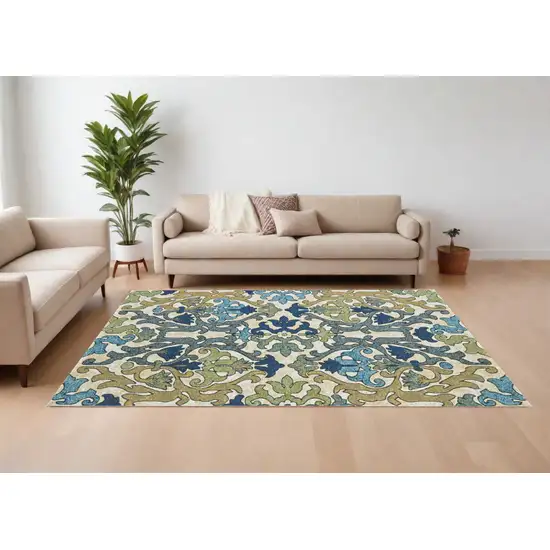 Green Gray and Tan Floral Power Loom Area Rug Photo 1