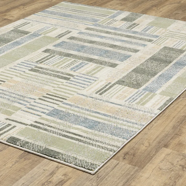 Green Grey And Ivory Geometric Power Loom Stain Resistant Area Rug Photo 4