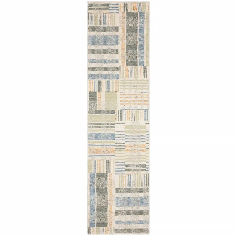 Green Grey And Ivory Geometric Power Loom Stain Resistant Runner Rug Photo 1