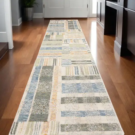 12' Runner Green Grey and Ivory Geometric Power Loom Runner Rug Photo 1